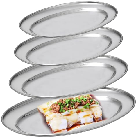 SUNOYA Vassoio Da Portata In Acciaio,4 Pezzi Piatti Rotonde In Acciaio Inox,Vassoio Ovale In Acciaio,Piatti Da Portata Ovali Per Carne,Piatto,Pesce E Buffet(26cm,30cm,35cm,40cm)