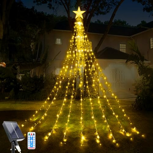 WoskjXas Weihnachtsbaum Lichter Wasserfall, 9 Stücke 2M 198LEDs Solar Weihnachten Stern Topper Licht mit Fernbedienung, 8 Modi Weihnachten Dekoration Stern Lichter Wasserdicht für Christmas