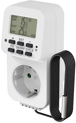 conecto Digitale Thermostat Steckdose, mit externem Fühler sowie Zeitsteuerung, für Terrarium, Gewächshaus, Räucherofen, Heizung, Temperaturregler, Kühlung und Frostwächter, 3600 Watt, weiß