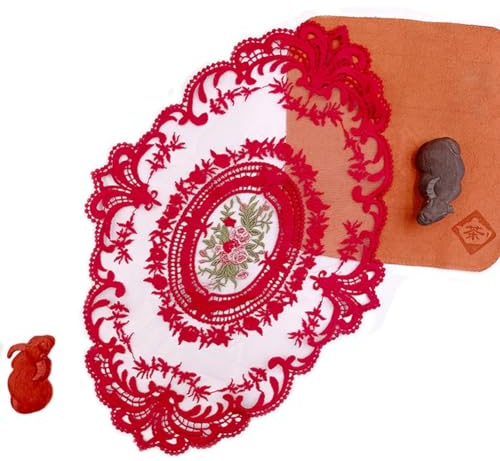 Rockreyoa Spitzen Tischsets Stickerei Platzset Oval Dekorative Spitzendeckchen Exquisite Blumenstickerei Häkeldeckchen Untersetzer Vasenmatte für Heimdekoration Küche Esszimmer 42 * 28CM Rot