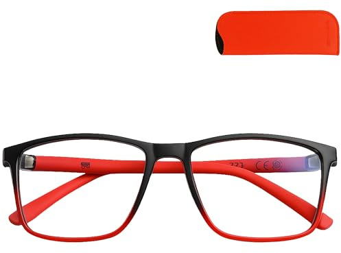 Lunettes anti-lumière bleue Flex L et XL, sans correction à +2,5, mixte | Deux profils rectangulaires noirs et rouges, branches flexibles, protection UV et étui orange.