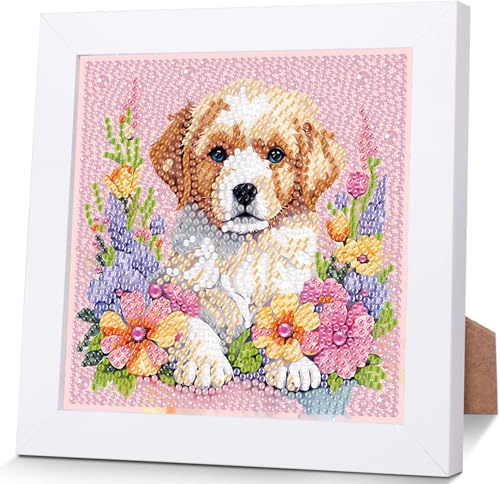 luckyarina Hund Diamond Painting Kinder mit Rahmen - Tiere Diamant Painting Bilder, 5D Diamond Painting als Geschenk für Home Wand Décor 18x18cm