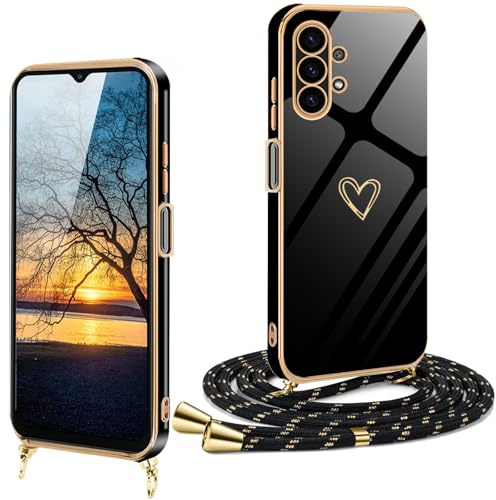 Handykette Samsung Galaxy A32 5G Hülle mit Band mit Herz Love Design,Samsung Galaxy A32 5G Handyhülle mit Kette Galvanisierte Kratzfest Schutzhülle Silikon Bumper Stoßfest Dünn Hülle mit kordel Case