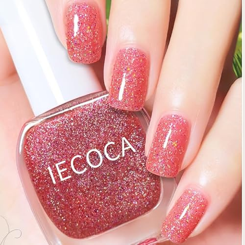 Pink Nail Polish-Glitter Nail Varnish Quick Dry-Super Sparkling Color Vegan Holographic Nail Polish-No Need UV,Long Lasting Nail Varnish Chip Free-DIY Nail Art French Manicure