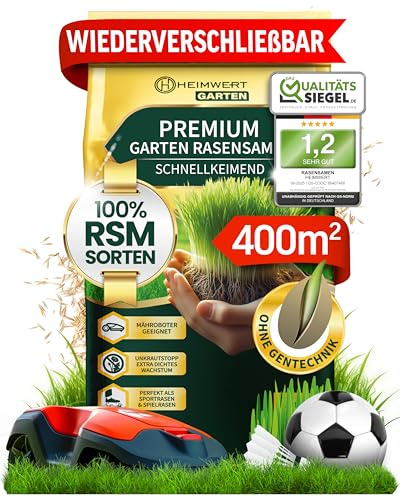 Heimwert Rasensamen schnellkeimend Frühling und Sommer All Saison - Grassamen - Rasensamen Sport und Spiel aus hochwertigster Gräser Mischung empfohlener RSM Sorten 1kg für 40m2 Made in Germany (10kg)