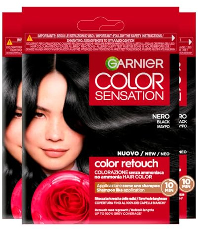 Garnier Color Sensation Color Retouch Permanente Haarfärbung für den Nachwuchs, deckt 100% der grauen Haare ab, einfache Anwendung, Farbe Schwarz – 3 Haarfarben