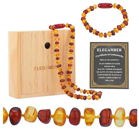 ELEGAMBER Baltische Bernstein Schmuckset, Halskette und Armband, Mehrfarbiger Bernstein in Gelb und Braun (Goldgelb und rot Satz, 32cm)