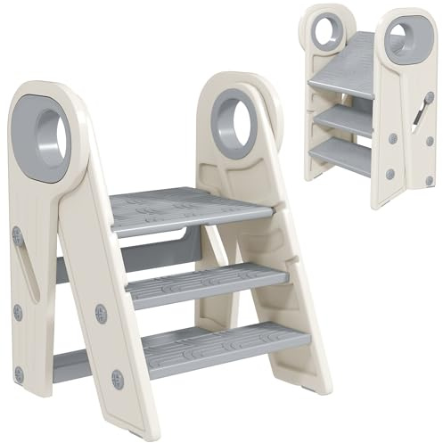 AIYAPLAY Kids Step Stool Foldable Toddler Kitchen Stool with Handle Grey