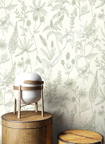Newroom Vliestapete Weiß Blumentapete Modern Floral Wohnzimmer | Botanisches Wildblumenmuster, feine Linienzeichnung, cremeweißer Untergrund mit Grünton, Mustertapete, Wandtapete, Flur