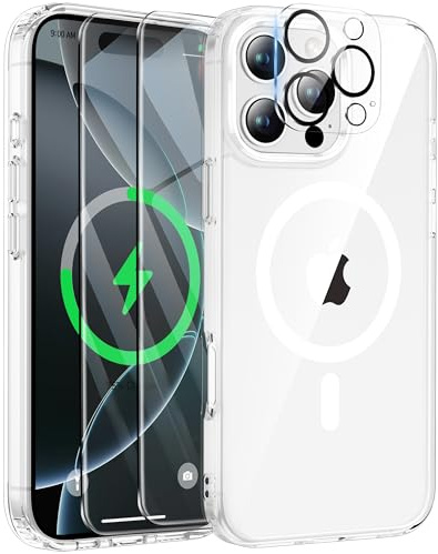 ORETECH Magnetica Cover per iPhone 16 Pro 6,3 con 2 Vetro Temperato e 1 Vetro Fotocamera, Compatibile con MagSafe, Anti-Graffio Antiurto Ultra Sottile Hard PC Cover-Trasparente