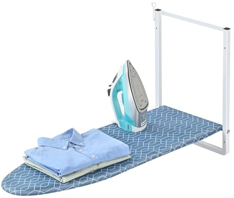 KINGBOARD Wall Mounted Ironing Board with Iron Holder, Compact Ironing Board for Small Spaces, Foldable Iron Stand Heat Resistant Cover, 36 X 12 Deep Blue