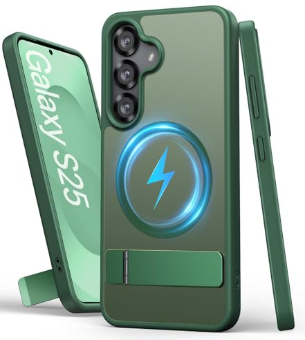 SIXBOX für Samsung Galaxy S25 Hülle, Kompatibel mit MagSafe & Eingebauter Ständer, Militärischer Schutz Dünn Stoßfeste Handyhülle, Robuste Magnetisch Case für Samsung S25 6.2, Grün
