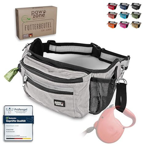 PAWZONE Leckerlitasche für Hunde als Bauchtasche mit Reflektorband | Leckerlibeutel für Hunde · Gassi Tasche Hund · Futterbeutel Hundetraining · Gürteltasche · Inkl. Zusatzgurt für Flexileine