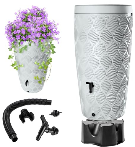 KADAX Depósito de agua de lluvia con depósito integrado para plantas en la tapa, 240 l, depósito de agua de lluvia de plástico con grifo, a prueba de heladas, gris claro