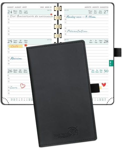 POPRUN Agenda 2026 16,5 x 9 cm Liten Spiral Planerare, Mjukt Omslag, Ficka Kalender 2026 med Avrivbara Hörn, Vegansk Läder, 100 GSM tjockt papper, Svart