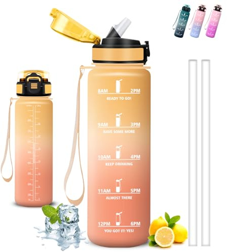 Grsta Gourde, Gourde 1l, Bouteille Sport, Anti Fuite, Bouteille Motivation, Facile à Nettoyer, avec Marqueur de Temps, avec Verrou de Sécurité, pour Sports, Camping, Bureau, Yoga, Randonnée