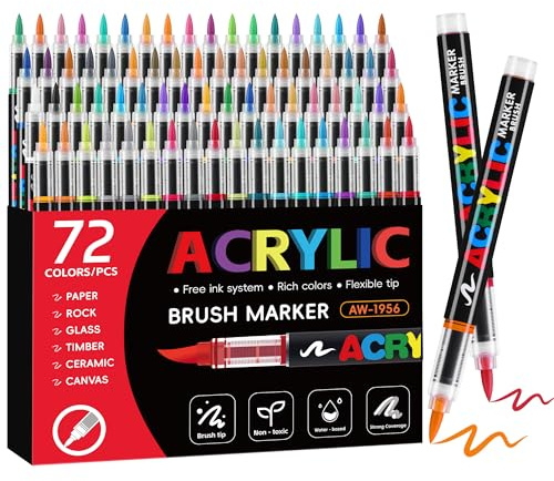 Tongfushop 72 Farben Acrylstifte Set, Acrylmarker mit Pinselspitze Automatischer Tintenkontrolle – Deckend, Ungiftig für Stein, Keramik, Holz, Leinwand – Professionelles Malzubehör für Künstler & DIY
