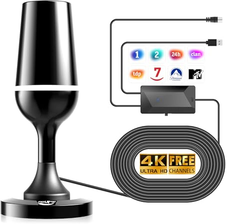 Antena TV Interior, Antena Portátil Interior Potente al Aire Libre Equipado con Base Magnética y Amplificador, Antenna Digital TV con 360 ° de Recepción, Compatible con 4K 1080P (VHF/UHF/DVB-T/DVB-T2)