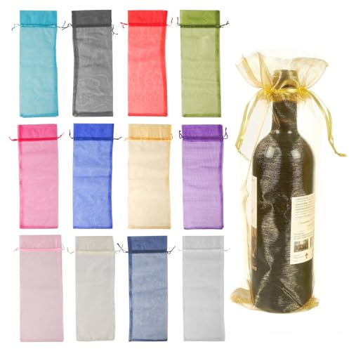 BigKego 12 stycken organza vinväska vinflaska presentpåse med dragsko vin presentpåse 14 x 37 cm flaskpåsar för vin champagne bröllop jul fest