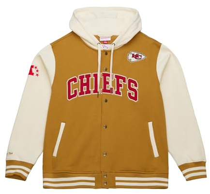 Mitchell & Ness NFL Vintage collegejacka med huva, färgkontrasterande ärmar, tryckknappslås, män, kvinnor, barn, unisex, vår, sommar, höst, vinter, ockra brun, Kansas stadsledare, XL