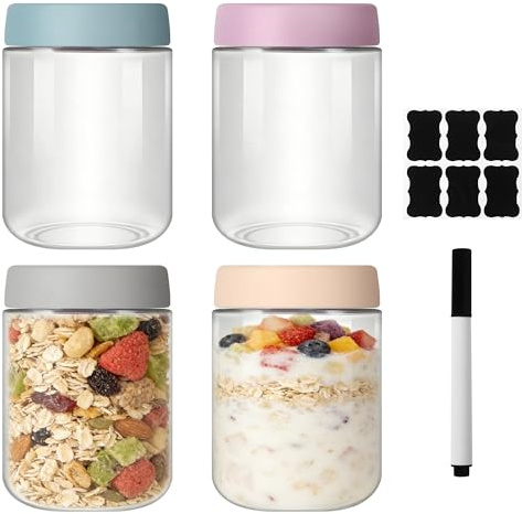 4 Pack Tarros de Avena Nocturna, 500 ml Tarros de Vidrio Reutilizables, Tarros de Cristal con Tapa, Tarros Herméticos, para Frigorífico, Despensa, Ideales para Overnight Oats, Yogur, Jugo, Mermeladas