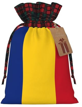 Flag of Romania Christmas linen gift bags, drawstring candy bags, birthday party gift bags