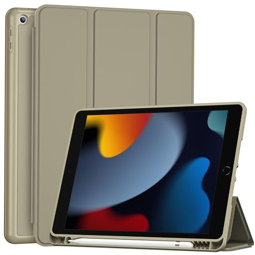 ProCase Funda para iPad 9a 2021 /8a 2020/7a 2019 10.2, Carcasa Protectora Ultrafina con Soporte Integrado, Función Auto-Reposo/Activación y Ranura para Lápiz (iPad 9/8/7 10,2 Pulgadas) -Dorado | Funda trasera delgada de TPU suave con soporte para lápices, funda a prueba de golpes para iPad 9/8/7 de 10.2 pulgadas