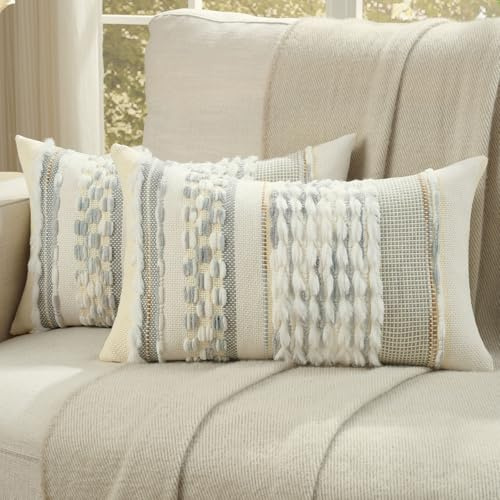 Ystyle Juego de 2 Boho Funda Cojin 30x50, Fundas Cojines Decorativa con Rayas y Textura Tufted Suave, Fundas de Cojines para Decoración del Hogar Sofá Dormitorio, Gris Claro