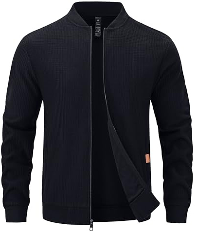 YuKaiChen Übergangsjacke Herren Jacke Leichte Bomberjacke aus Waffelstoff mit Reißverschlusstasche für Frühling Herbst Schwarz 4XL