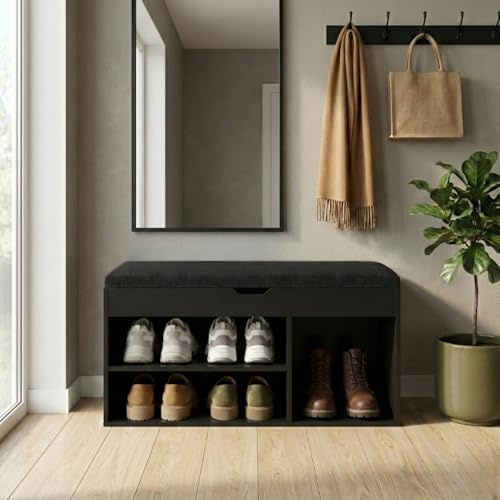 EDAXO BOXIMO TRIA Schuhschrank mit Sitzbank, MDF und Polyester, 80 x 43 x 30 cm (Schwarz)