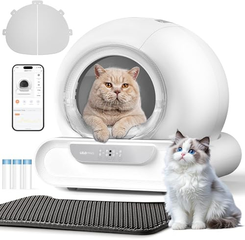 LELO PAWS Selbstreinigende Katzentoilette, 74L Katzenklo Selbstreinigend mit Türvorhang, Müllbeutel, Matte, APP Steuerung, Desodorieren, Sicher, Elektrisches Katzenklo XXL für Mehrere Katzen, Weiß