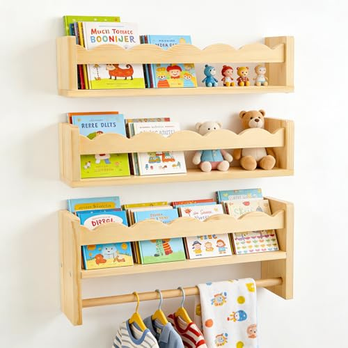 Lot de 3 Étagères Murales en Bois Massif 40cm, Tablette Murale pour la Décoration Murale et Le Stockage, pour Livres et Jouets, Bibliothèque Murale pour Chambre Salon Cuisine Salle de Bain