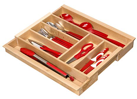 Orga-Box III BUCHE Besteckeinsatz ausziehbar für Schubladenbreite von 40-60 cm für Nobilia Küchen ab August 2012 Holz-Besteckkasten mit 5-7 Fächer