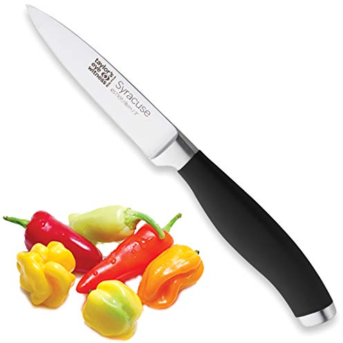 Taylors Eye Witness Syracuse Vegetable Paring Kitchen Knife - Professional 8cm/3.5” Cutting Edge, Multi Use. Ultra Fine Blade, Precision Ground Razor Sharp. Soft Textured Grip Matte Black Handle.