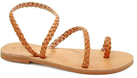 36 Beige Emmanuela Antike griechische handgefertigte geflochtene Ledersandalen, hochwertige Knöchelriemen Slip-On Sommerschuhe für Damen, flache Sandalen mit offenen Zehen