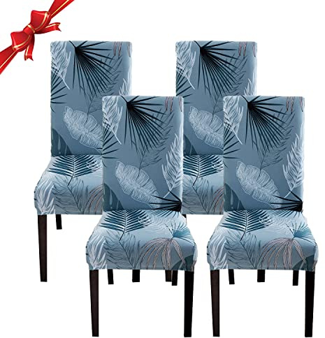 Jaotto Stuhlhussen 4 Stück Universal, Stuhlhusse Stretch 4er Set Moderne, Stuhlhussen Schwingstühle Elastische Langlebig Stuhlhussen für Esszimmer Bankett Deko(Blaue Blätter,4 Stück)