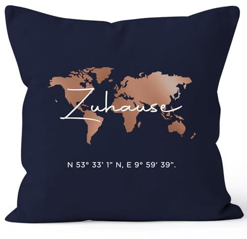 SpecialMe® Kissen-Bezug Zuhause Weltkarte Koordinaten personalisierbar mit eigenem Text Familie Baumwolle Dekokissen Navy 40cm x 40cm
