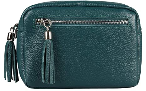 ITALYSHOP24COM OBC Made in Italy Damen Leder Tasche Umhängetasche Schultertasche Beuteltasche Cross-Over Cross Bag Glattleder Schmucktasche Fransen Ledertasche (Petrol), ca.: 20x14x6 cm (BxHxT)