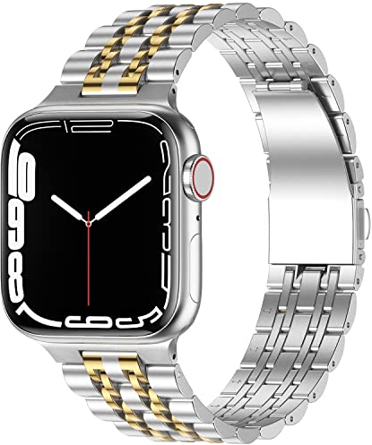Anlinser Metallarmband Kompatibel mit Apple Watch Armband 49mm 46mm 45mm 44mm 42mm 41mm 40mm, Verstellbares Edelstahlarmband Kompatibel mit iWatch Ultra 2 Serie 10 9 8 7-1 SE(42/41/40,Silber Gold)