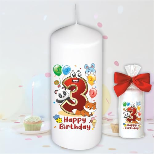 Stumpenkerze - Geburtstagskerze zum 3. Geburtstag, Happy Birthday - Motive auf Tattoofolie | Geschenkfolie und Schleife | Kerze mit Geburtstagszahl Zahl in Geschenkverpackung zum Kindergeburtstag