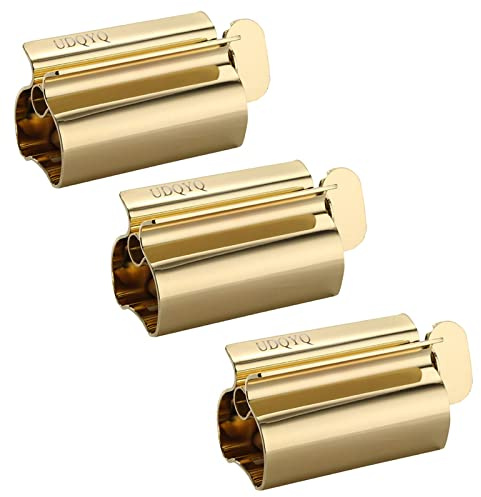 UDQYQ Exprimidor de tubos, paquete de 3 unidades, de acero inoxidable, para guardar pasta de dientes, tubo vacío, acero inoxidable, con función atril, color dorado
