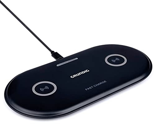 Grundig Station de recharge Qi - chargeur sans fil pour 2 appareils - 2 x 10 W - Câble de chargement USB inclus - convient aux appareils Apple et Android - noir