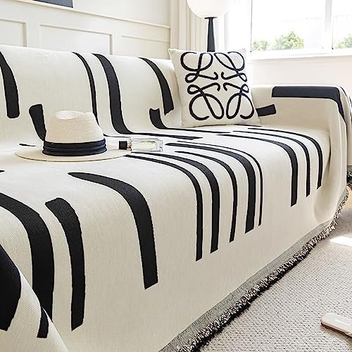 Homxi Sofahusse Zweisitzer,180x260CM,Sofabezug Sitzer Linie Gestreift Chenille Überwurf Sofa Sofa-Handtuch Schwarz Weiß Sofabezüg