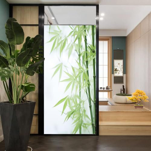Schöne Bambus-Fenster-Sichtschutzfolie, natürliche grüne Baumpflanzen, Buntglas-Fensterabdeckungen, statisch haftende Fensterfolie für Zuhause, Büro, Geschäfte, 45 x 60 cm (B x L)
