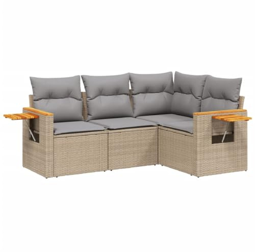 vidaXL Garten Sofagarnitur mit Kissen 4-TLG., Gartenmöbel Gartengarnitur, Sitzgruppe Sitzgarnitur, Lounge Sofa Garnitur Terrasse, Beige Poly Rattan