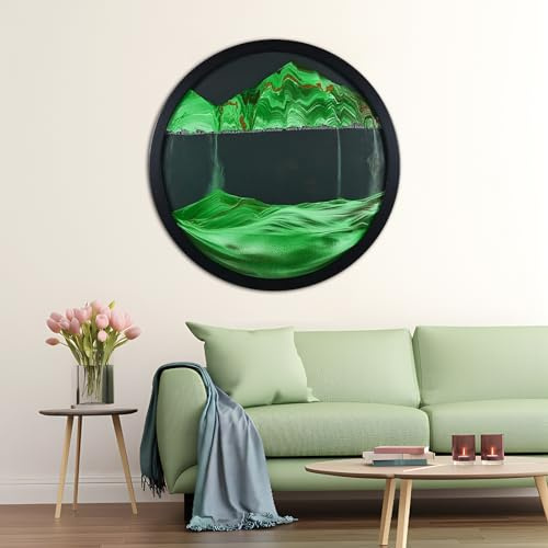 BVJKHQ Sandbilder zum Drehen, Sandbild Fließende Sandmalerei, 3D Sanduhr Dynamisch Bewegtes Sandbild Natürliche Landschaft, 360° Fießender Sand Rahmen für Home Dekor (60cm, green-black ground)