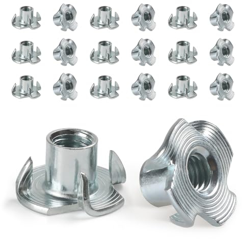 FOMGIIN Dadi a T M6 X 9 mm, 20 Pezzi Acciaio Zincato T Dado, Filettato Dadi a Griffe Dadi con 4 Griffe Legno Inserti per il Fissaggio di Parti di Mobili Dado con Griffe Manicotti da