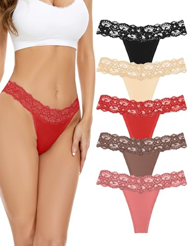 VOENXE Tanga in Pizzo Senza Cuciture per Donne, Perizoma Senza Segni per Donne, Mutandine Traspiranti e Confortevoli, Panty Morbido Tagliato al Laser, Confezione da 5 Pezzi