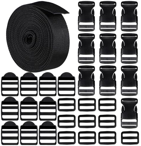 Nylon Heavy Webbing 5M with Adjustable Buckles and Retaining Ringbuckle | Wide Black Webbing Strap, Polypropylene Bags Straps, Cuttable Black Webbing for Backpack Dog Collar DIY Craft