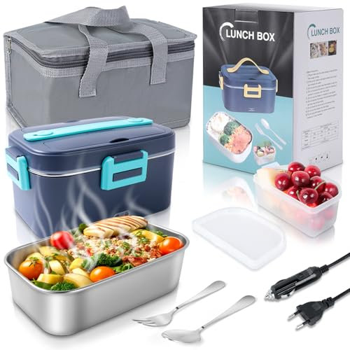 Romon Scaldavivande Elettrico Portatile, 1.8L Porta Pranzo Termico 3 in 1(12V/24V/220V) per Auto Camion e Ufficio Lunch Box Riscaldatore 75W Scalda Vivande Portatile con Forchetta e Cucchiaio